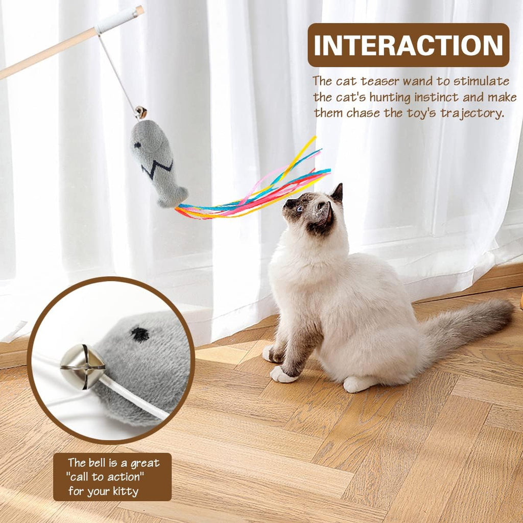 Natural Wood Cat Wand Toy with Ribbon Fish Teaser - 3pcs, 16 Inch, Indoor Cat Exerciser & Playing Kitten Toy, Bonus