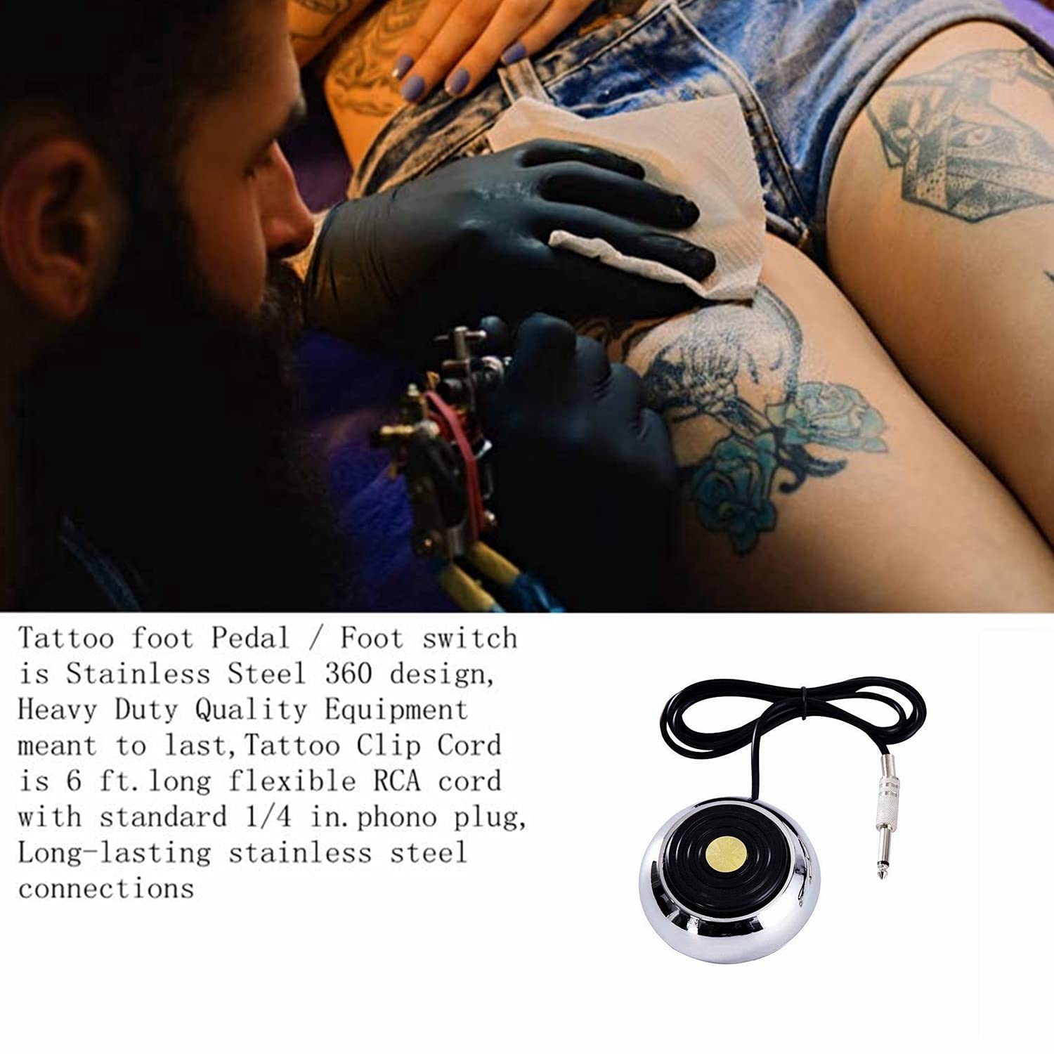 Tattoo Foot Pedal,Round Stainless Steel Tatto Foot Pedal Gem Style 360 Degree Switch With 5” ft Clip Cord for Tattoo