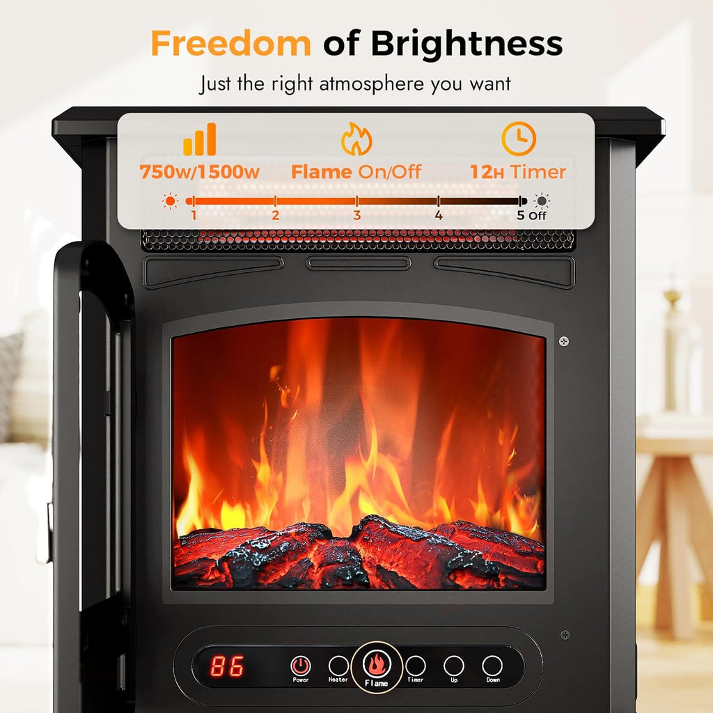 Electric Fireplace Stove Heater - Freestanding Electric Fireplace Heater with 3D Flame Effect, 1500W Infrared