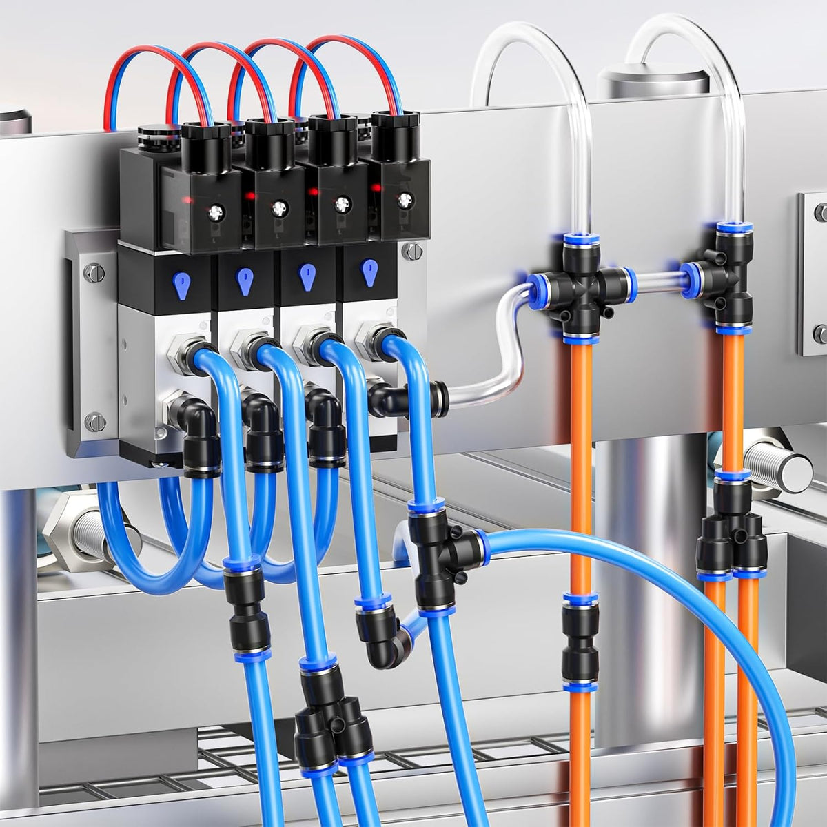 4MM OD Blue Polyurethane PU Air Hose Line Kits with Push-to-Connect Fittings for Compressed Air Fluid Transfer Tubing 10 Meter/32.8ft(Pack of 17)