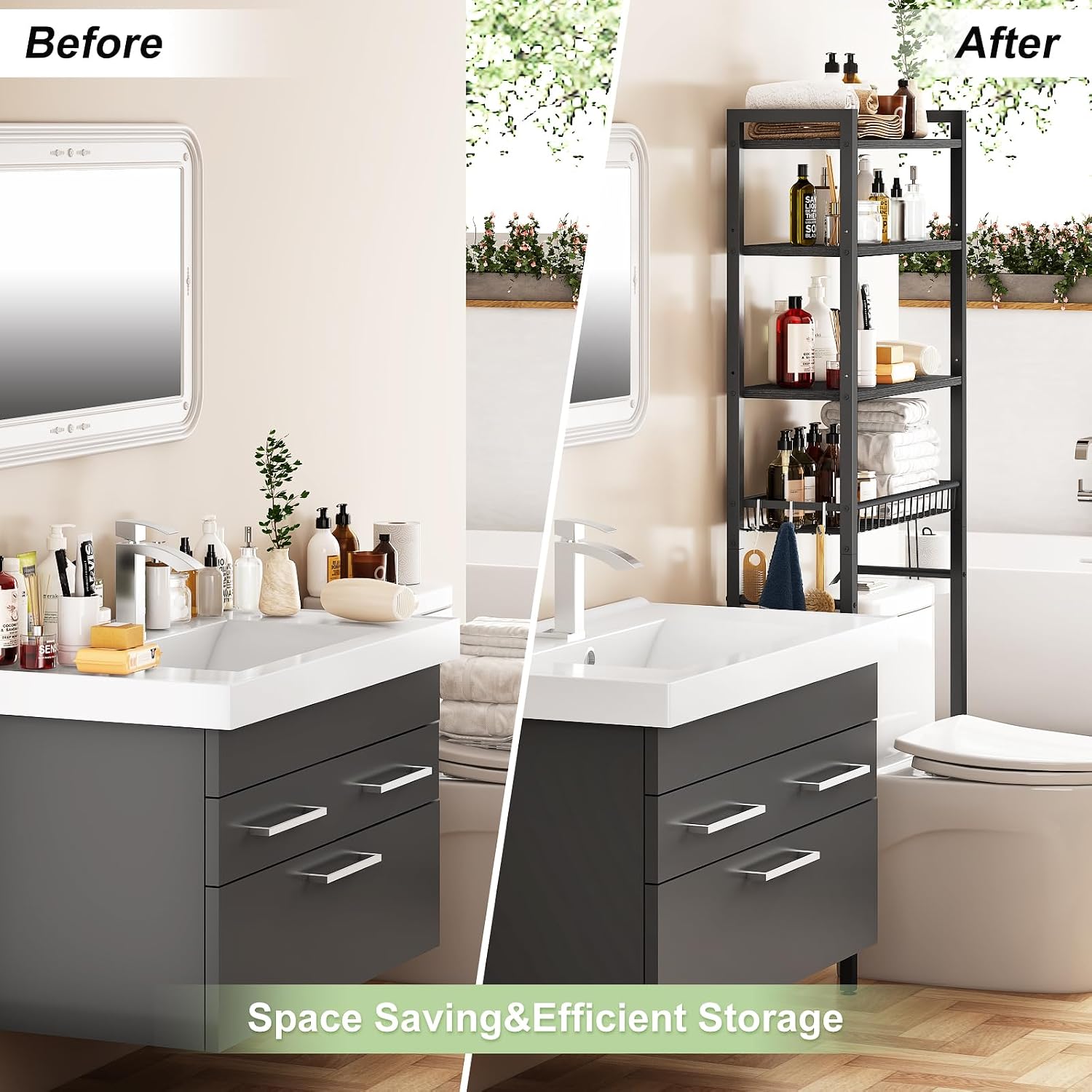 Over-The-Toilet Storage Rack, 4-Tier Bathroom Organizer Shelf Over Toilet with Adjustable Shelf and Basket