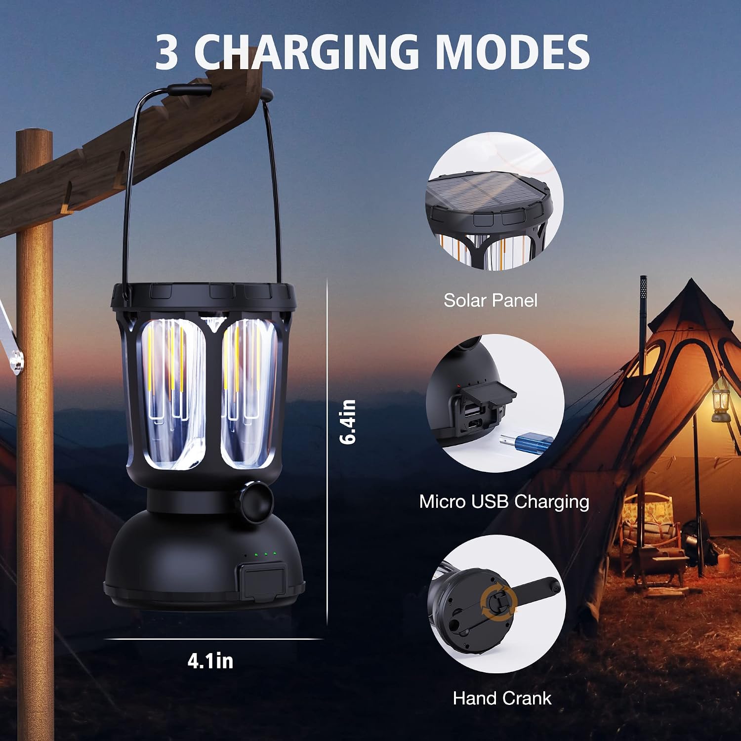 6000 LED Camping Lantern Rechargeable, 650LM Hand Crank Solar Camping Light, Portable Battery Powered Lantern for