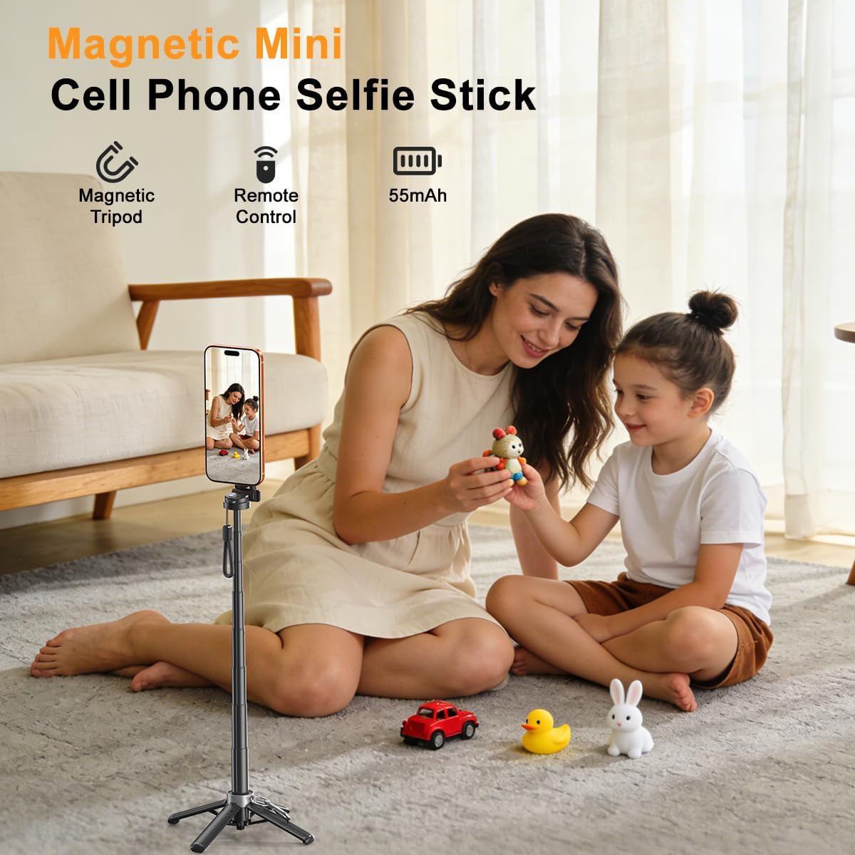 Upgrated 5-in-1 Magnetic Selfie Stick with Remote for Cell Phone 360° Rotation.Can Transforms into Mini Tripod/Camera