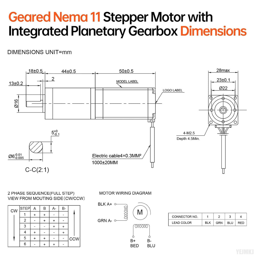 100:1 Planetary Gearbox Nema 11 Stepper Motor 11Ncm 28x94mm 1.0A