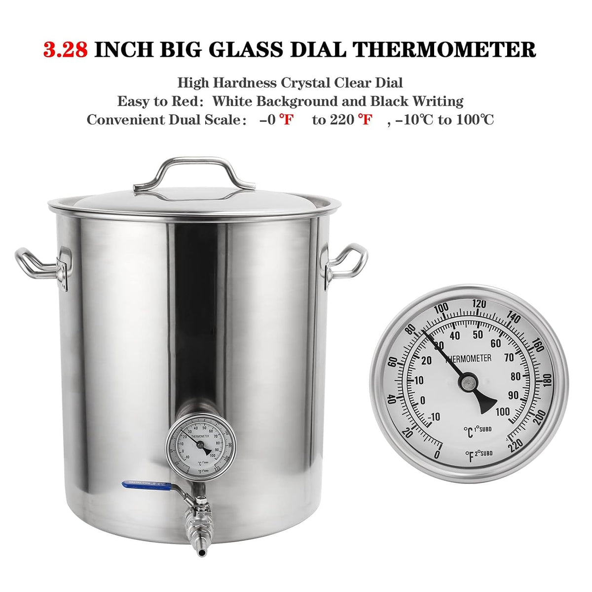 FERRODAY 3" Dial 2" Probe 1/2 NPT Stainless Steel Dial Kettle Thermometer