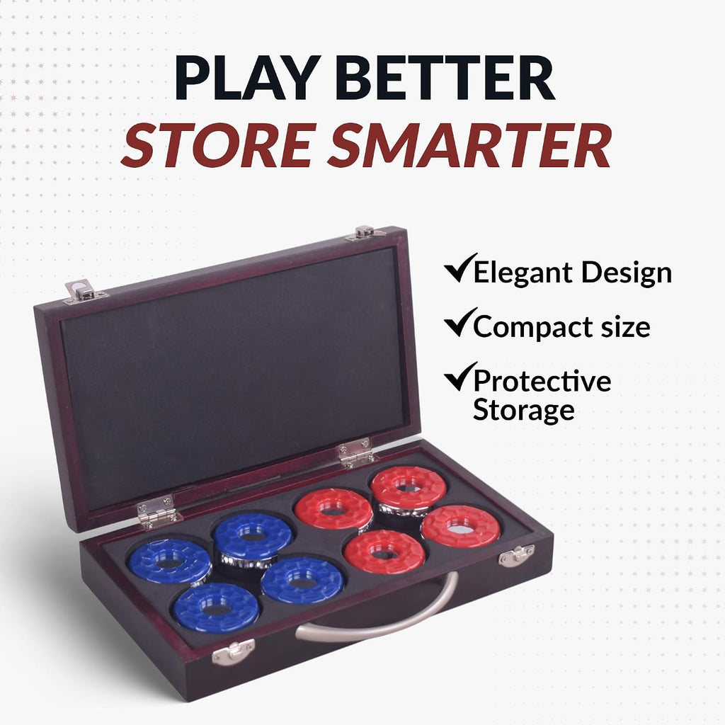 Shuffleboard Pucks Set of 8 – Regulation Sized Shuffleboard Discs with Dimpled Top for Easy Grip & Beveled Edge for