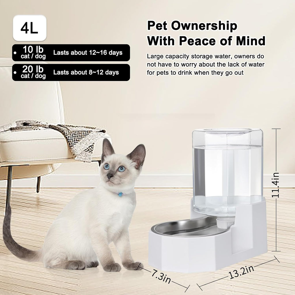 Large Dog Water Dispenser: 4L Stainless Steel Gravity Cat Water Feeder - Quiet Refill - No Power Needed - for Kittens