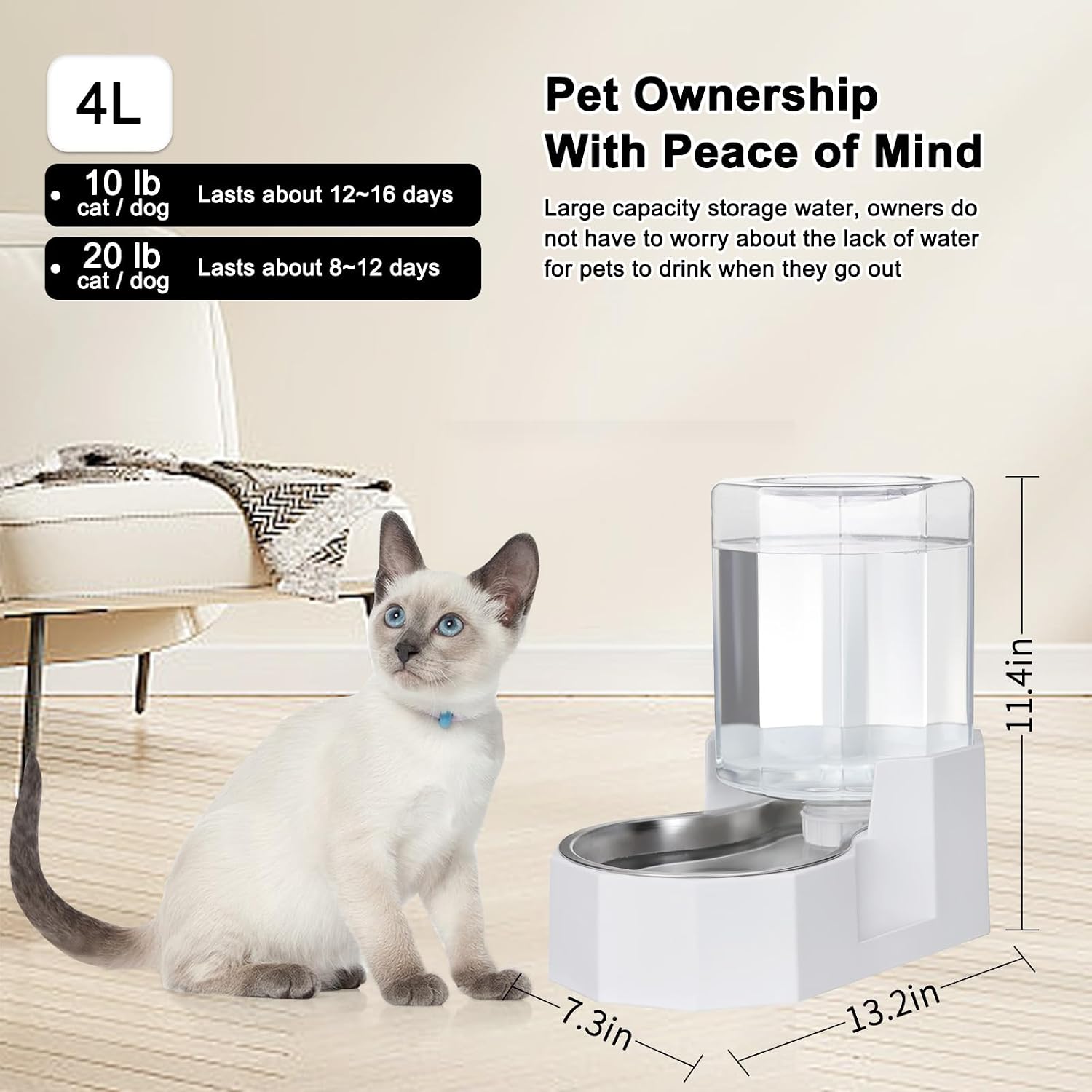 Large Dog Water Dispenser: 4L Stainless Steel Gravity Cat Water Feeder - Quiet Refill - No Power Needed - for Kittens