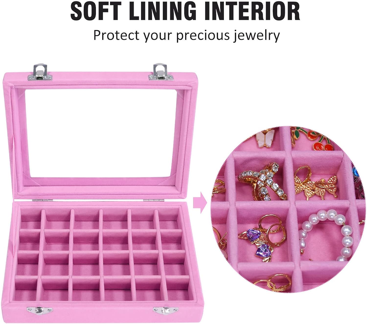 Velvet Jewelry Box 24 Grid Jewelry Ring Display Organiser Box Tray Holder Earrings Storage Case for Girls Wife Mom