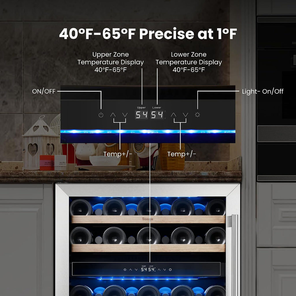 24 Inch Wine Fridge, 52 Bottle Dual Zone Wine Cooler with Left Hinged