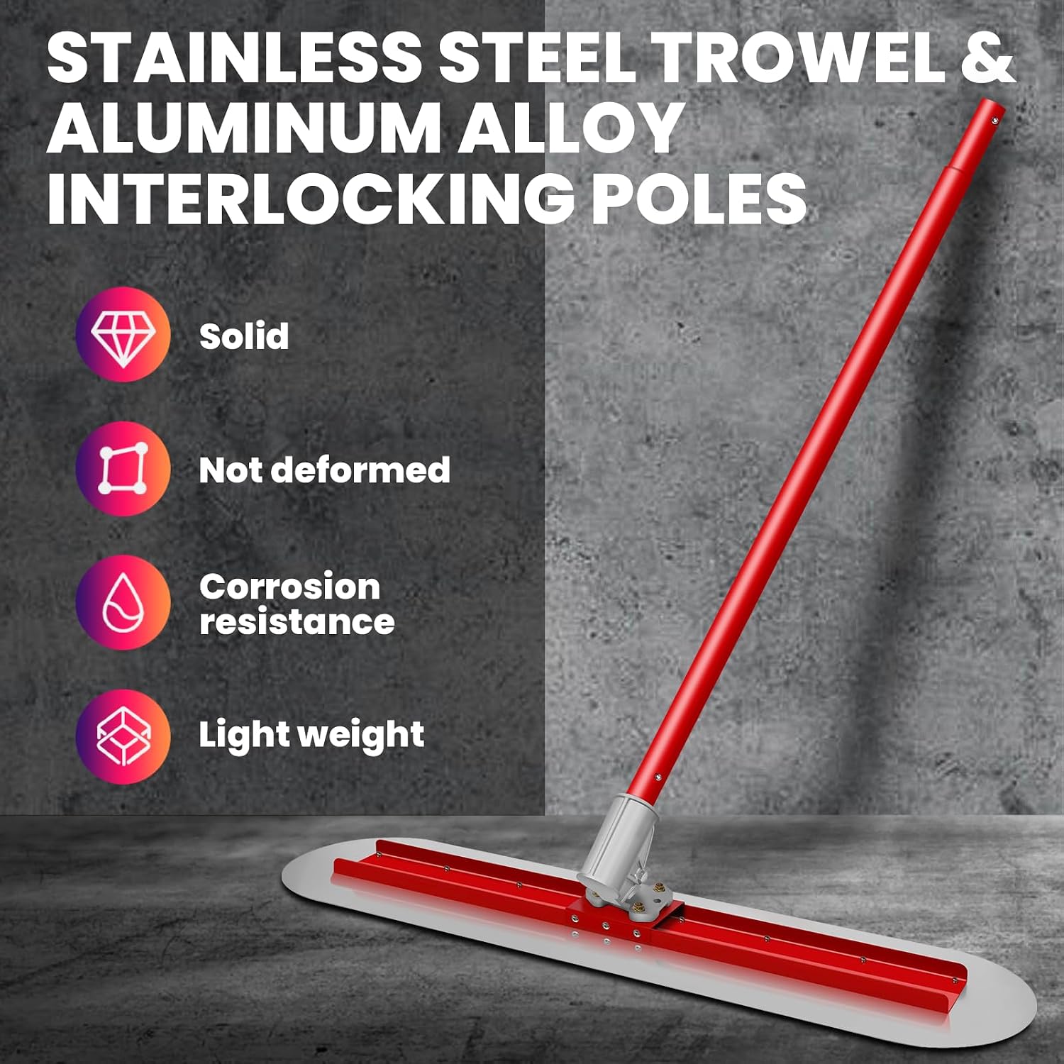 Concrete Finishing Float, 48x12 Stainless Steel Bull Float with Four 59 Inch Aluminum Handles and Adjustable Angle