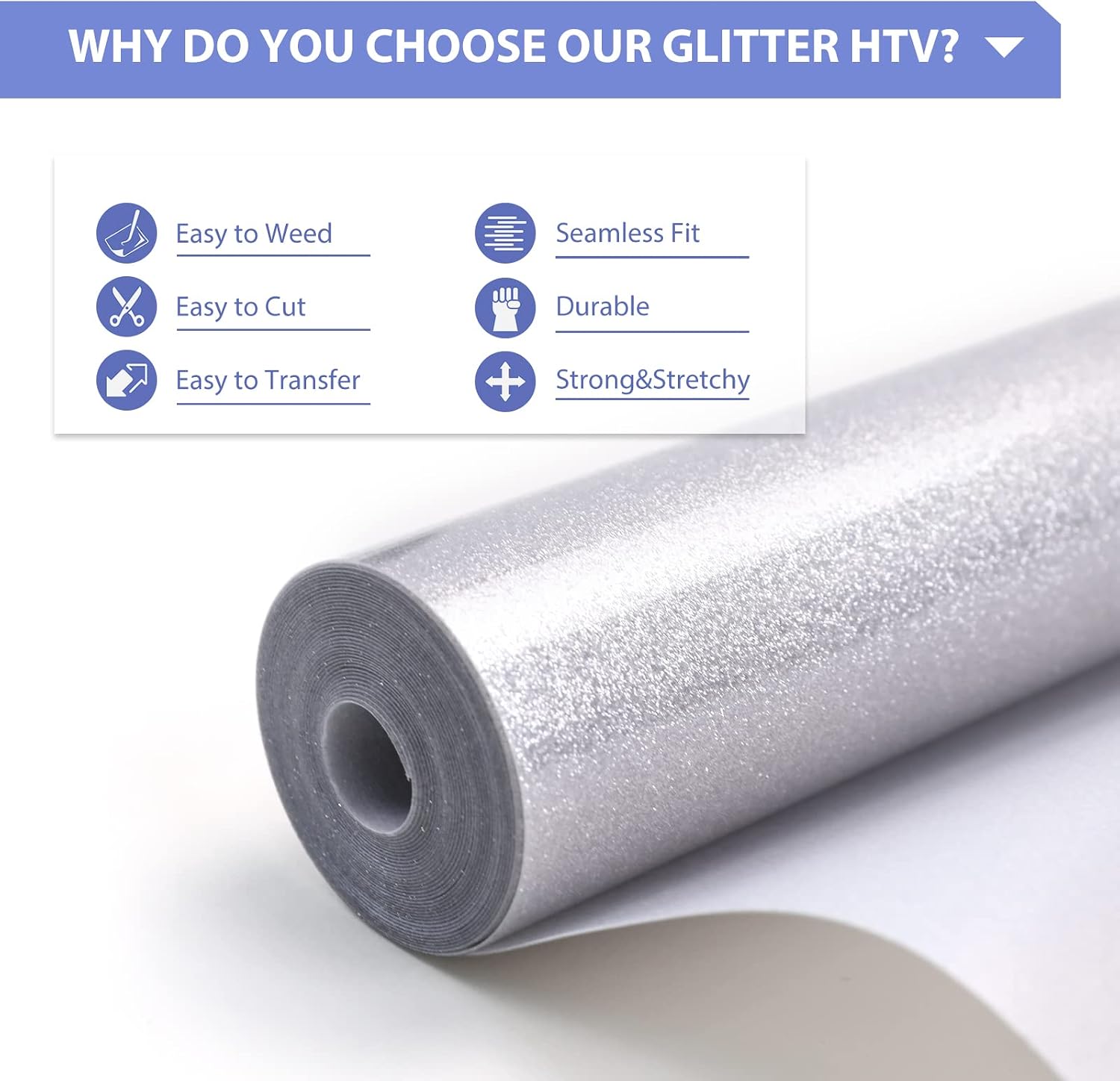 Glitter HTV, 12" x 10ft Silver Glitter HTV Heat Transfer Vinyl | Silver Glitter Iron on Vinyl for Shirts, Silver