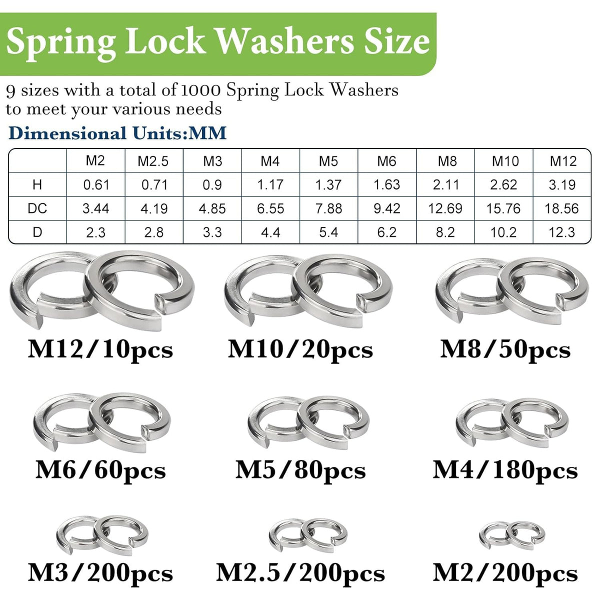 Metric Split Spring Lock Washer Assortment Kit M2-M12 304 SS 1000Pcs