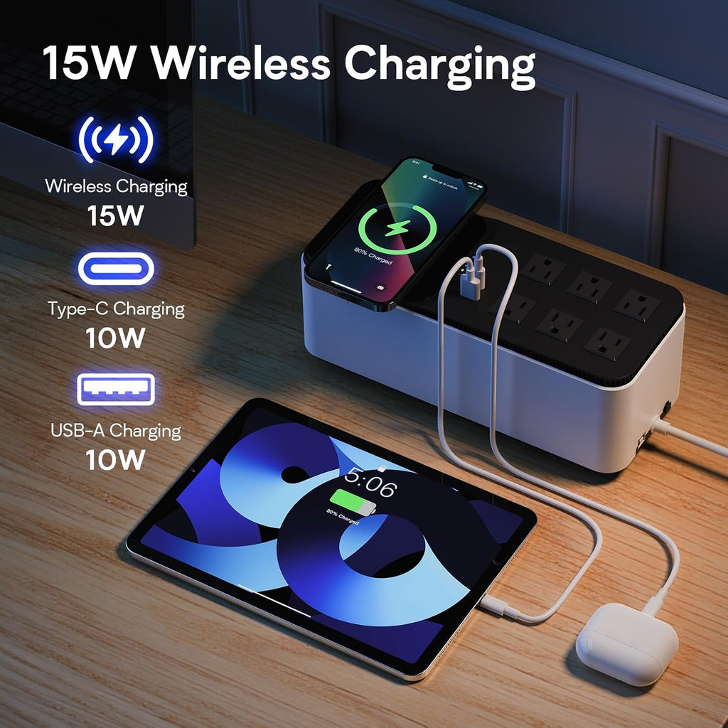 600VA/360W Lithium UPS Battery Backup and Surge Protector | 6 Outlets, 2 USB Ports, Wireless Charging, Wall Mount