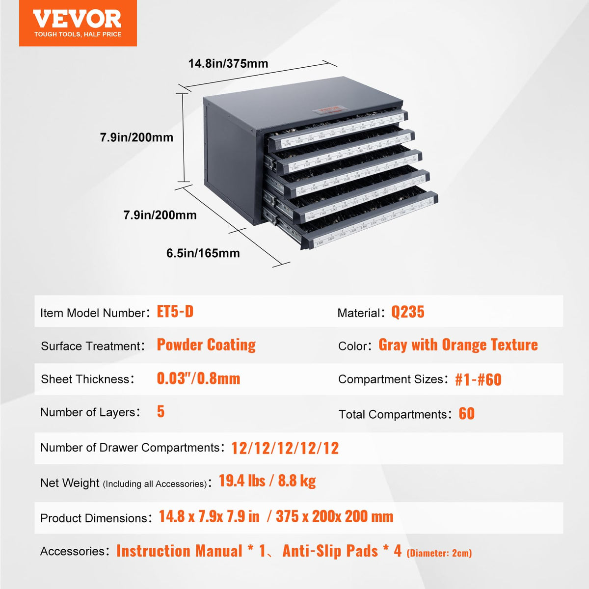Drill Bit Dispenser Cabinet, Five-Drawer Drill Bit Dispenser, 60-Compartment Drill Bit Organizer Cabinet, Drill