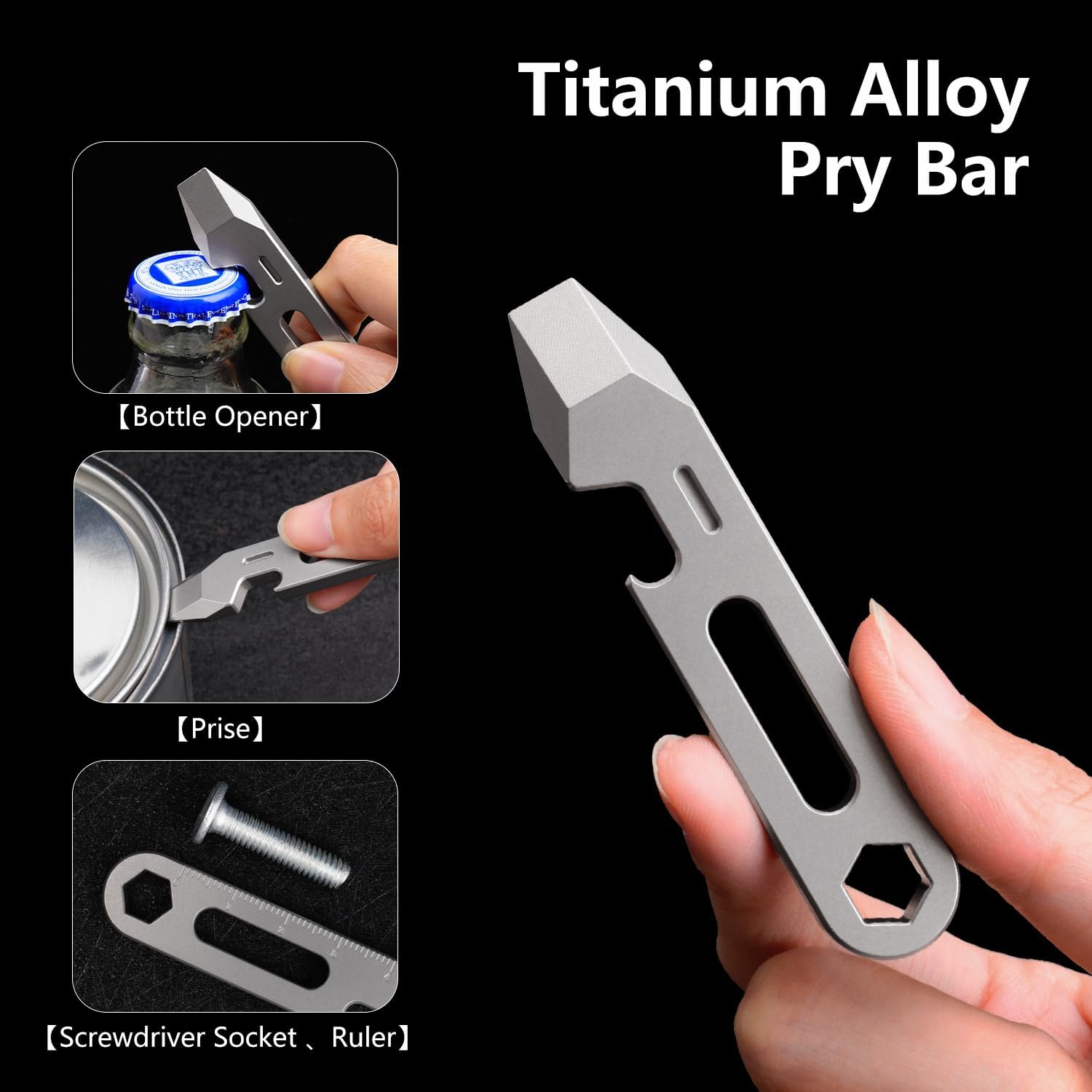4-in-1 Titanium EDC Pry Bar Multitool with Bottle Opener, Hex Wrench & Ruler, Keychain Pocket Pry Tool for Everyday
