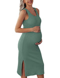 Maternity Dress Rib Knit Sleeveless Side Slit Pregnancy Clothes