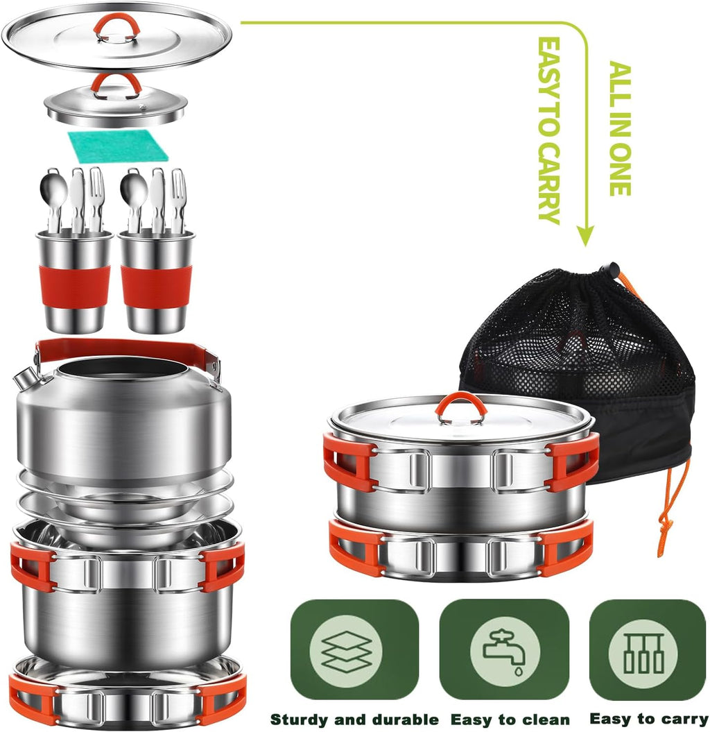 304 Stainless Steel Camping Cookware Set - Mess Kit with Pots, Pans, Kettle, Plates, Forks, Knives, Spoons for 2