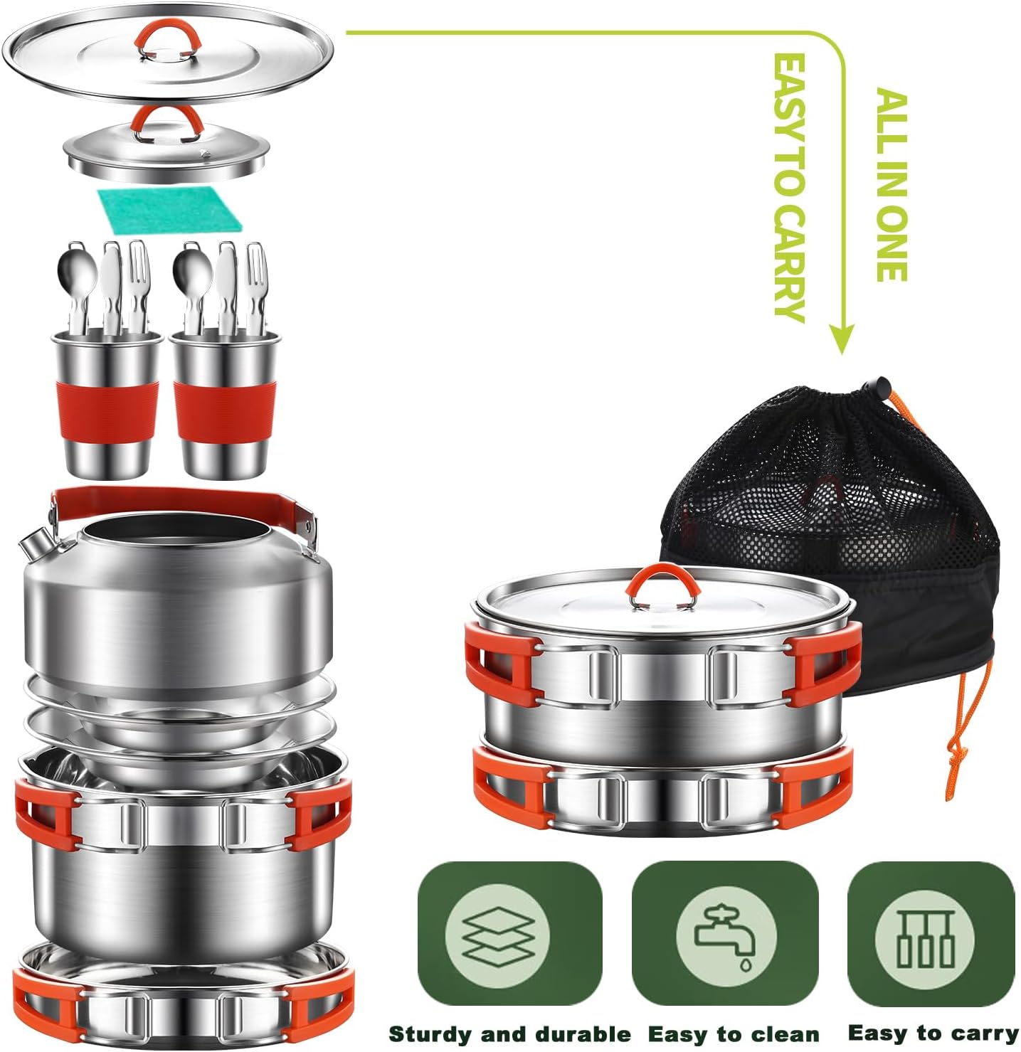 304 Stainless Steel Camping Cookware Set - Mess Kit with Pots, Pans, Kettle, Plates, Forks, Knives, Spoons for 2