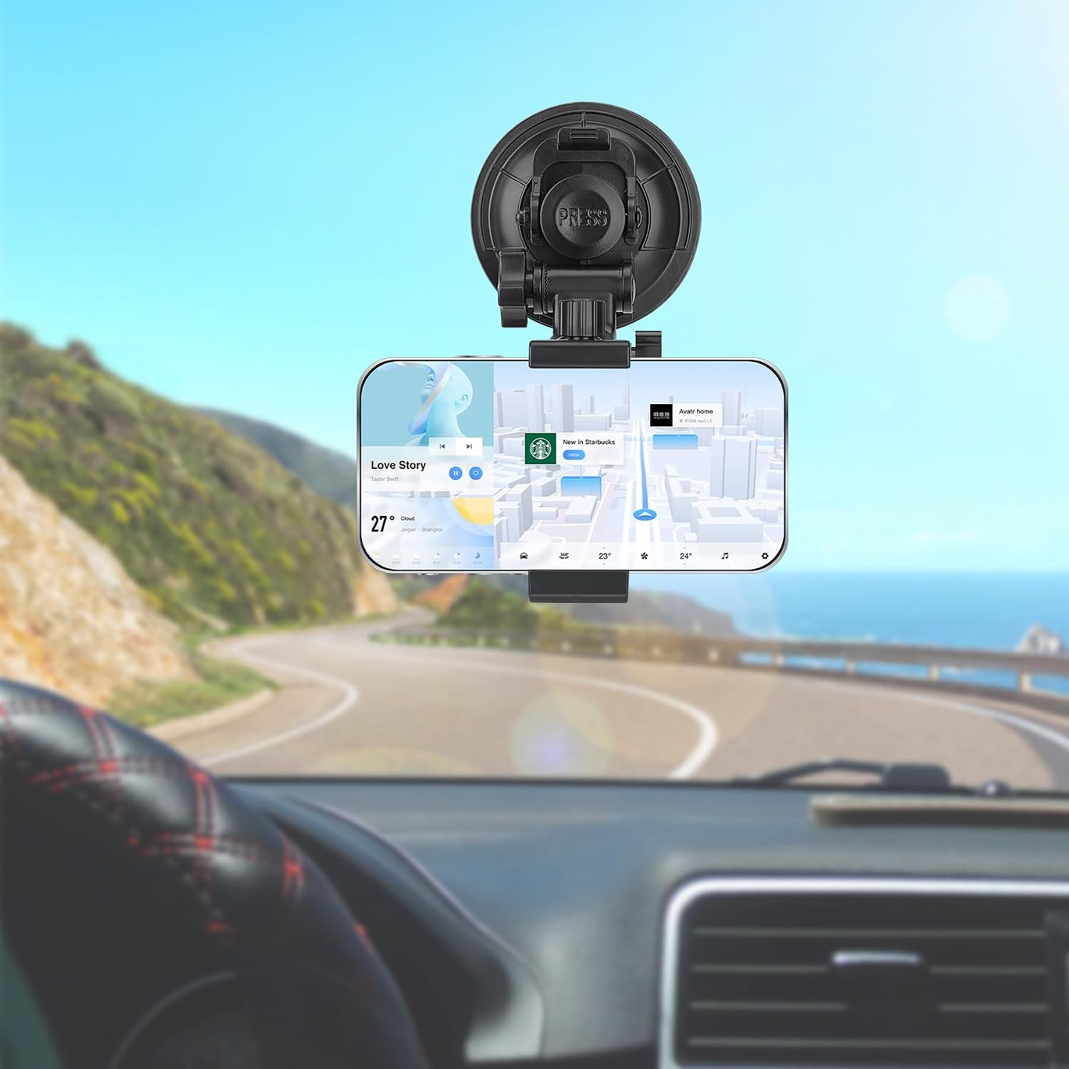 Heavy Duty Φ90mm Suction Cup + Adjustable Dual-Ball-Head Action Camera Dash Cam Phone Car Mount Windscreen Window