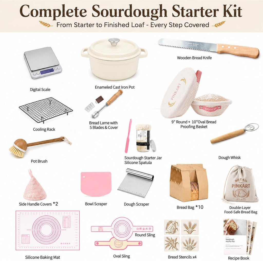 Complete Sourdough Starter Kit with Dutch Oven and Scale | 9" Round & 10" Oval Cotton Rope Proofing Baskets