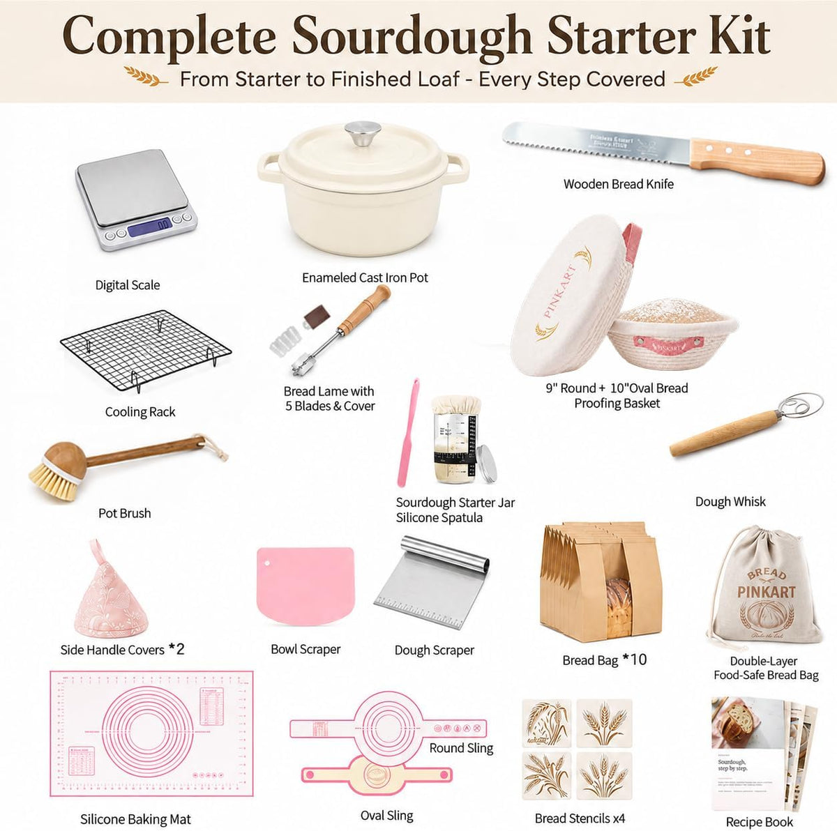 Complete Sourdough Starter Kit with Dutch Oven and Scale | 9" Round & 10" Oval Cotton Rope Proofing Baskets