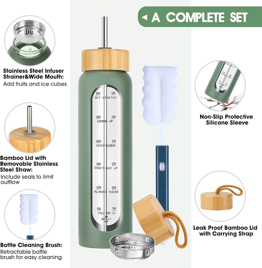 32 oz Glass Water Bottle with Straw - Motivational Time Marker & Silicone Sleeve - Reusable Tumbler Includes 2 Bamboo