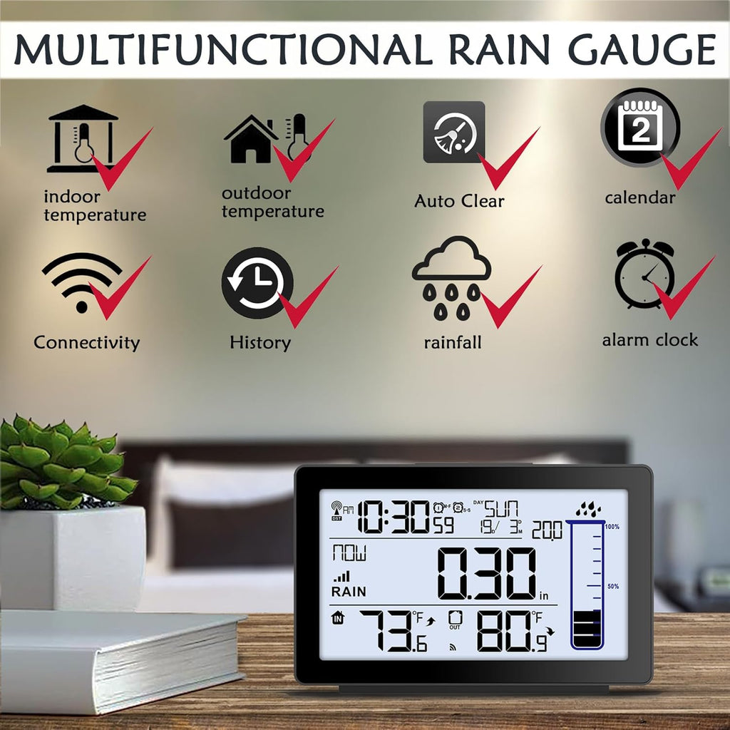 Digital Rain Gauge Outdoor with Thermometer, Self-Emptying Wireless Rain Gauges Outdoors Best Rated, High Precision