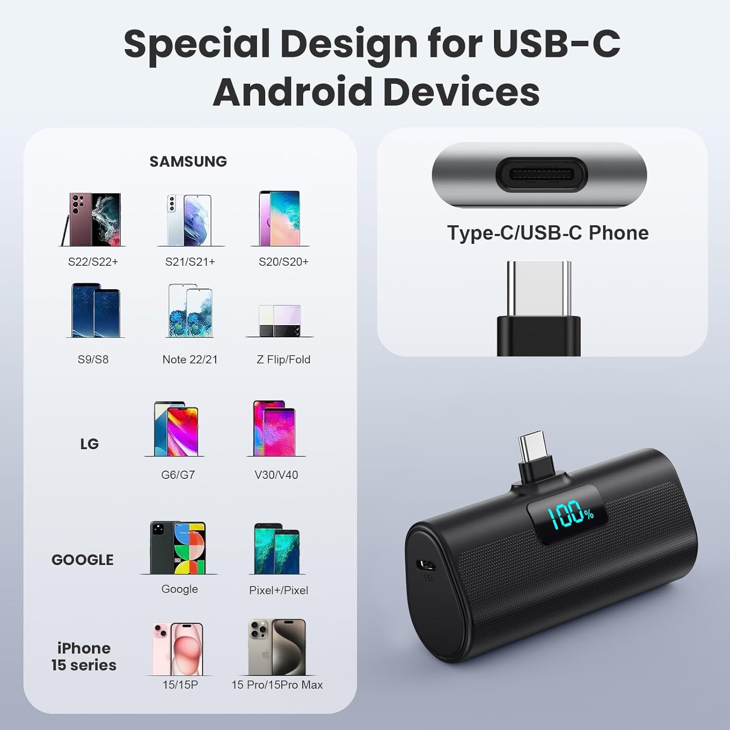 [2-Pack]Portable Charger for iPhone 17/16/15 Series,Upgraded 5200mAh PD USB C Power Bank Built-in USB-C Connector