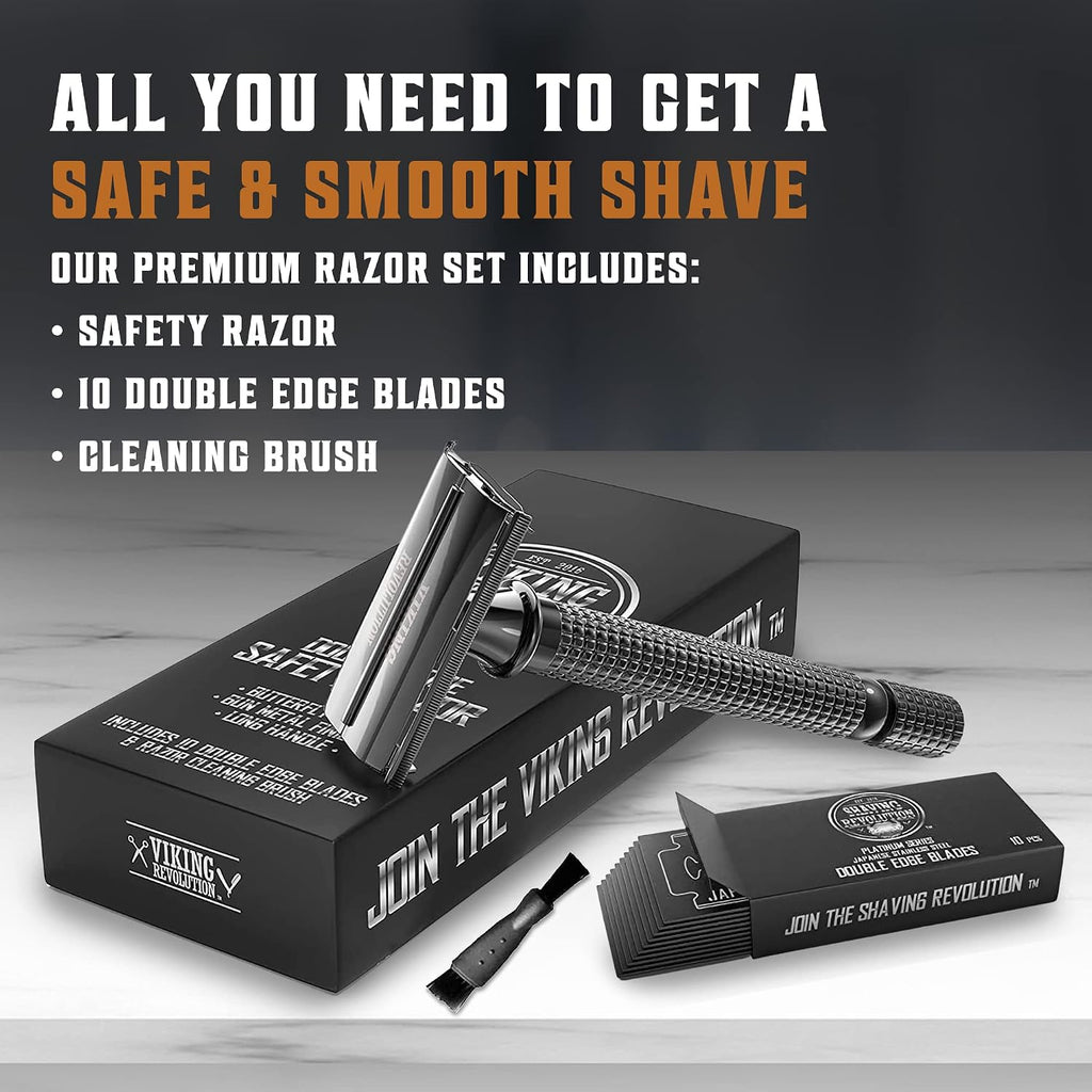 Long Handle Double Edge Safety Razor - 12 Piece Set | Butterfly Open Design - Includes 10 Stainless Steel Blades