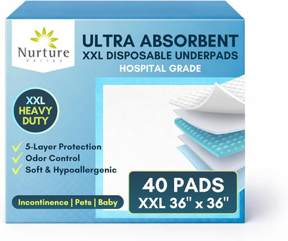 Nurture Heavy Duty Ultra Absorbent Bed Pads Chux Underpads - 36x36, 40 Pack
