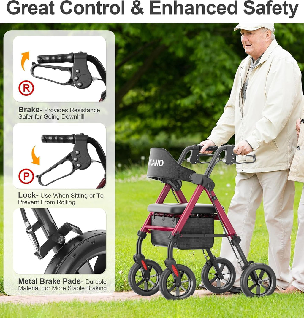 Walkers for Seniors with Seat, Foldable Rollator Walker, Reinforced Aluminum Frame, 8" Big Rubber Wheels for All