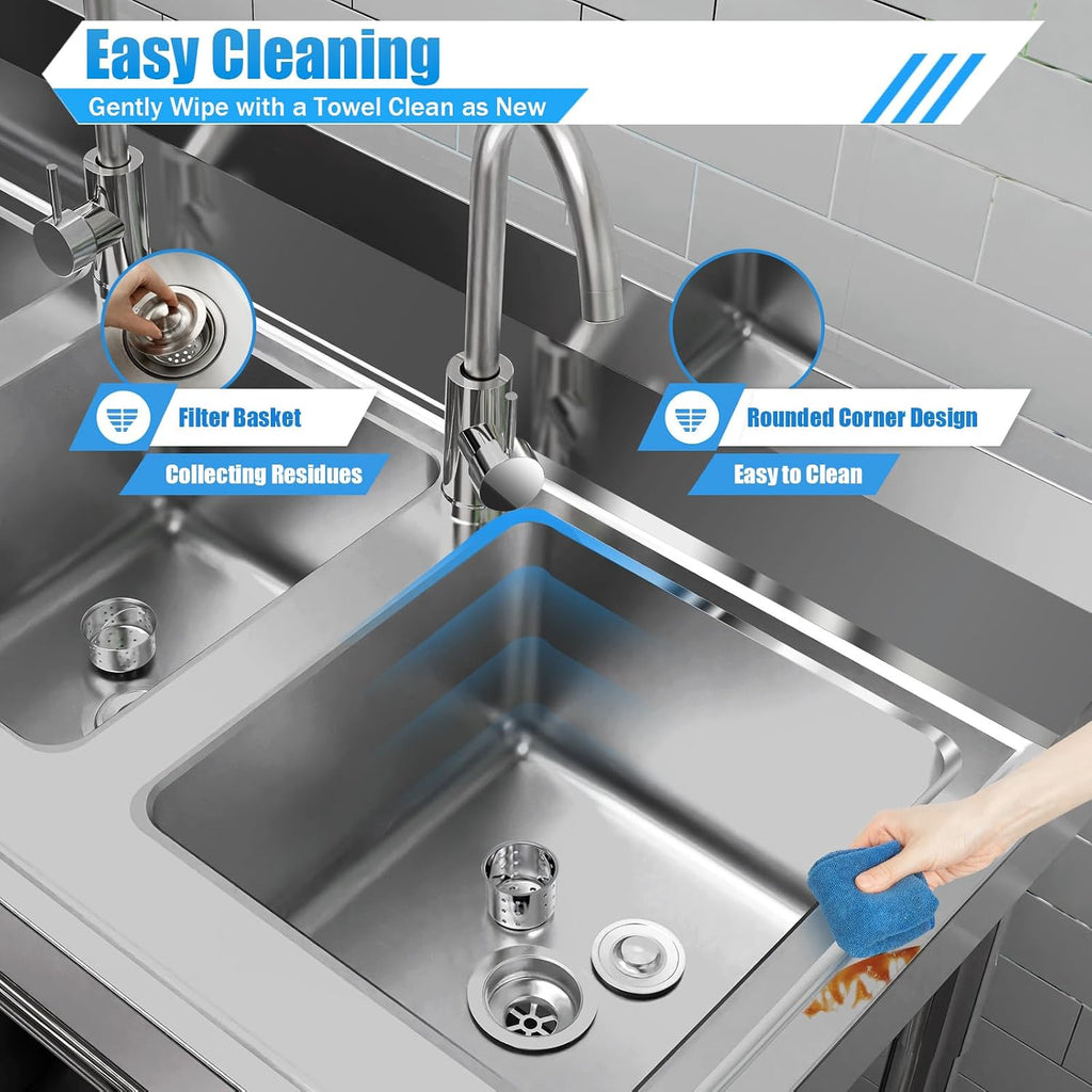 3 Compartment Sink, 304 Stainless Steel Utility Sink Freestanding Kitchen Sinks Commercial Sinks with 2 Faucet & Cold