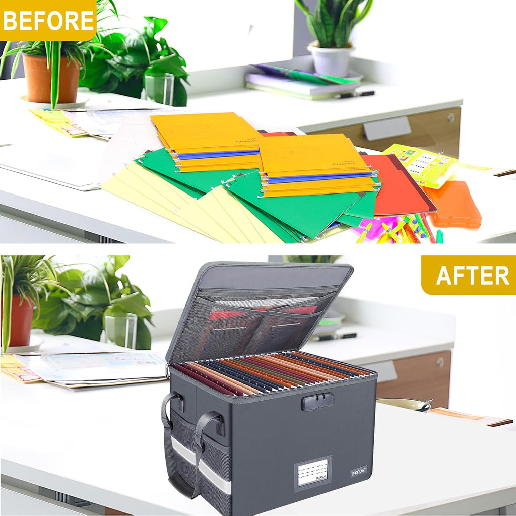 File Box with Lock, Fireproof Document Box with Zipper Lid, Collapsible File Organizer Storage Filing Cabinet with