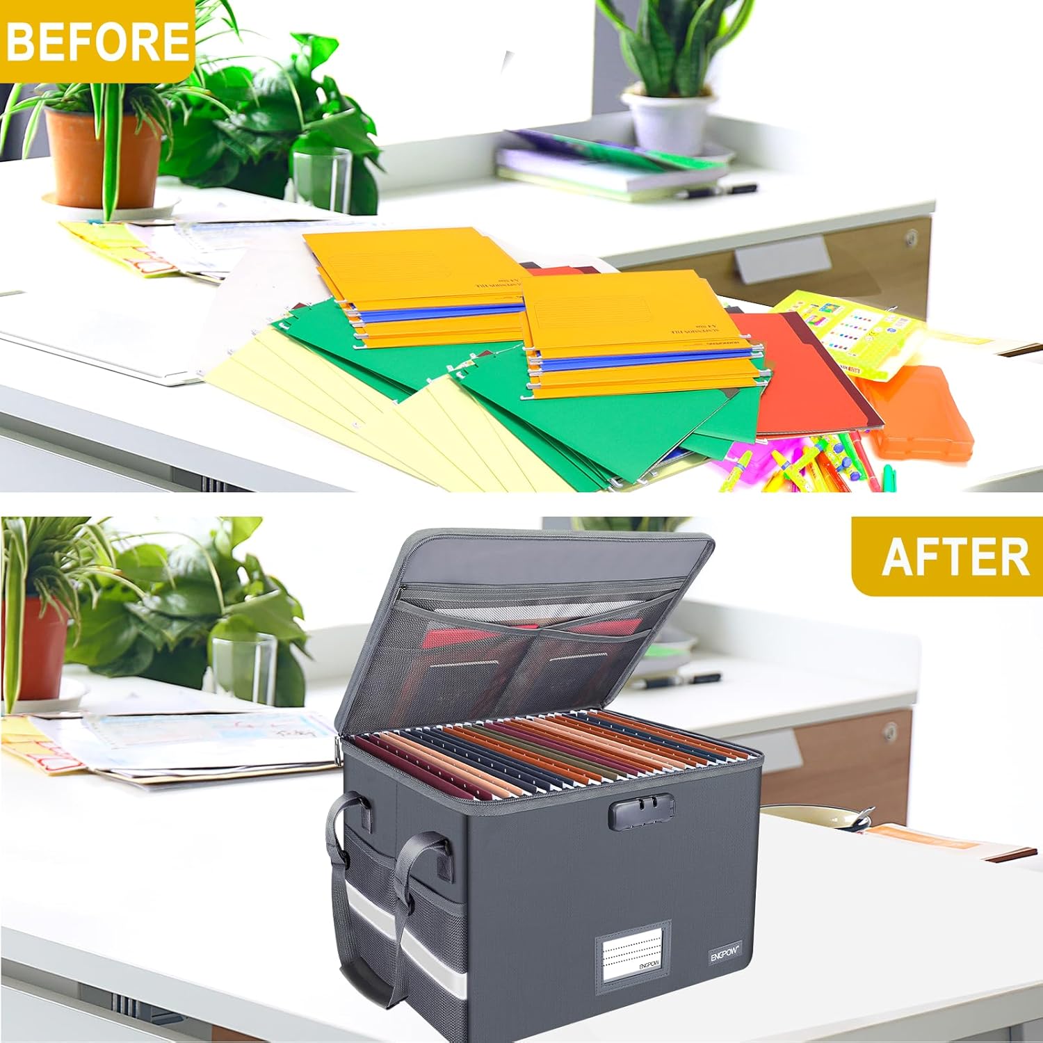 File Box with Lock, Fireproof Document Box with Zipper Lid, Collapsible File Organizer Storage Filing Cabinet with