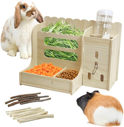 Rabbit Hay Feeder Guinea Pig Food Holder Bunny Wooden Food Bin Feeder with Water Bottle Small Animals Hay Manger Wood
