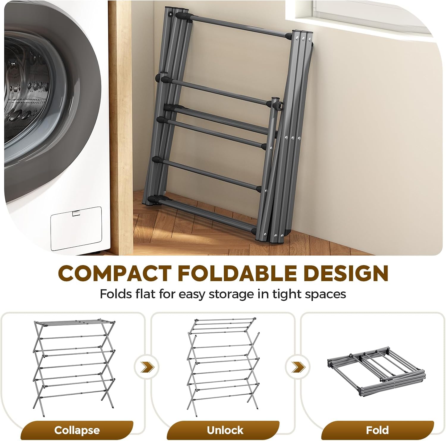 3-Tier Extendable Clothes Drying Rack, Small & Foldable, Grey | 37.4"H x 33.8"W x 11.2"D, Space-Saving Collapsible