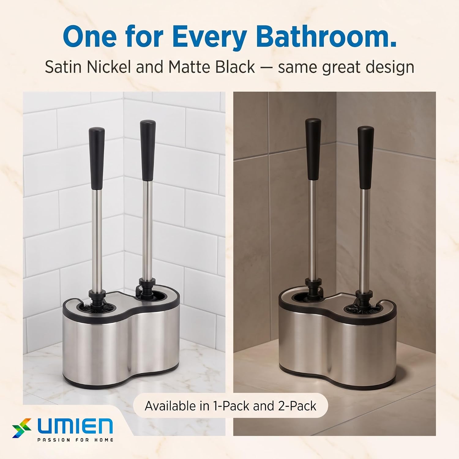 Toilet Brush and Plunger Set, Satin Nickel, Long Handle Freestanding | Satin Nickel, Toilet Brush + Plunger Combo