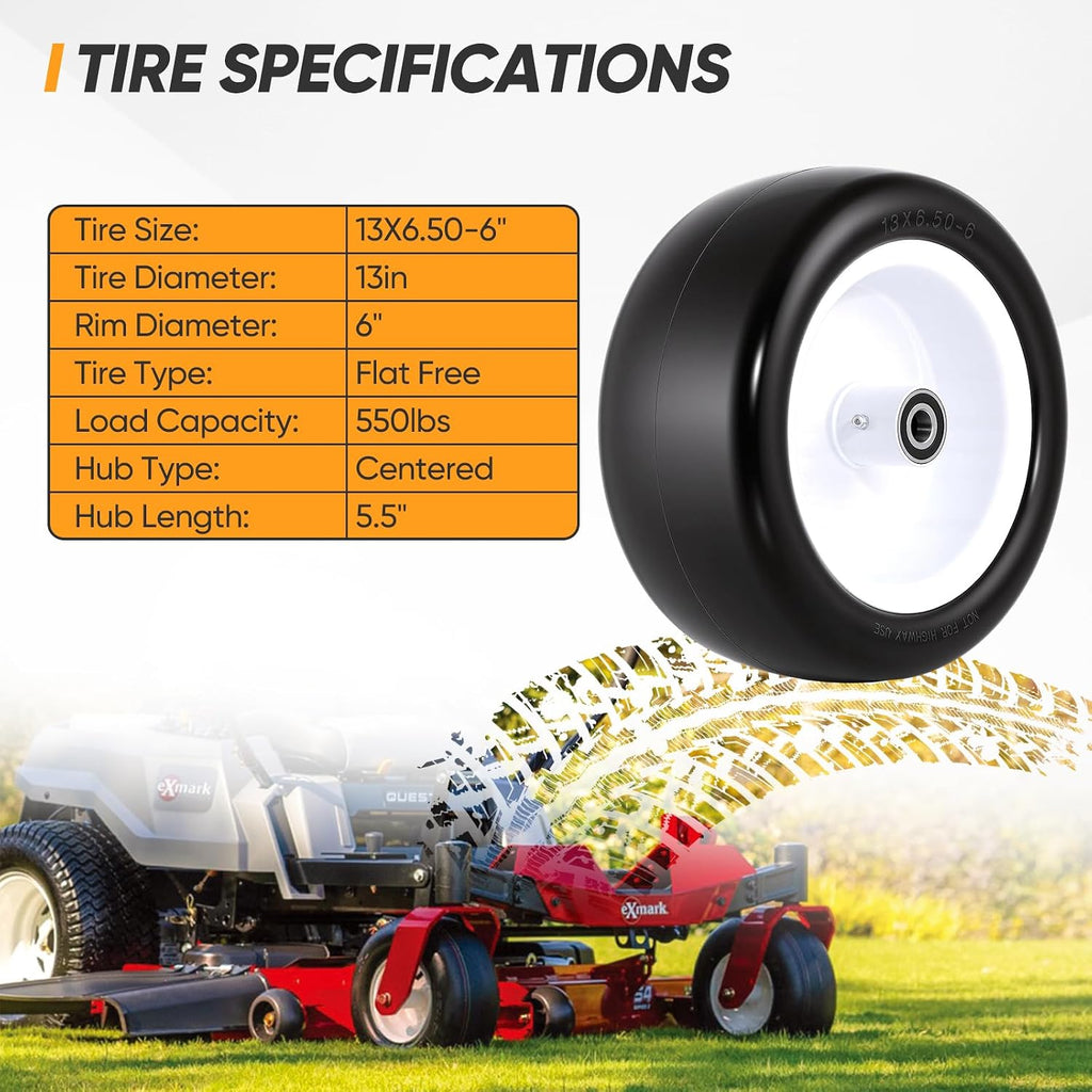 13x6.50-6 Flat Free Lawn Mower Tires and Wheels, 1/2" 3/4" 5/8" Ball Bearings, 13x6.5x6 Zero Turn Mower Front Tires