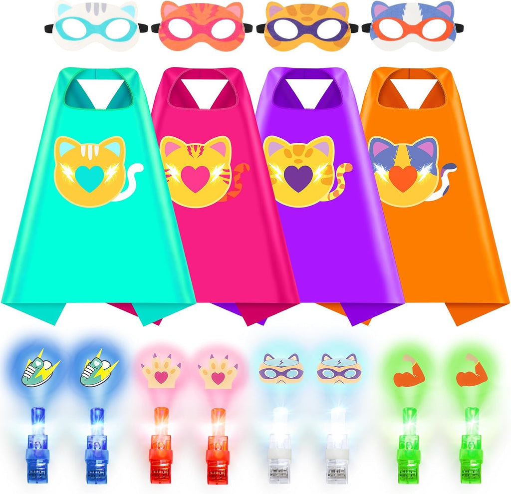 Kitties Capes with Finger Lights, Masks Dress Up for Kids 3-12 | 4 Kitties Capes, 4 Masks, 8 Lights, Superhero Capes