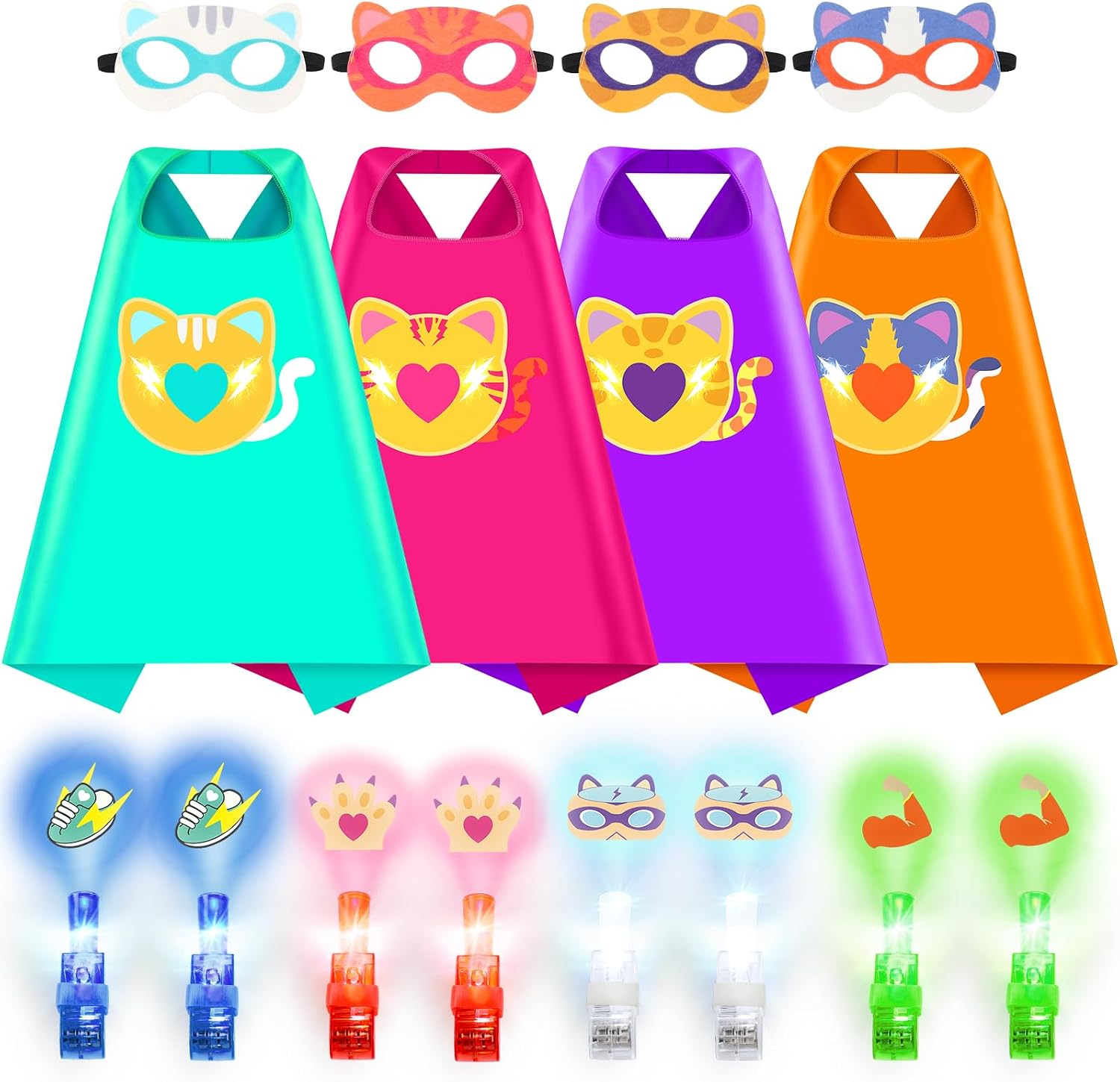 Kitties Capes with Finger Lights, Masks Dress Up for Kids 3-12 | 4 Kitties Capes, 4 Masks, 8 Lights, Superhero Capes