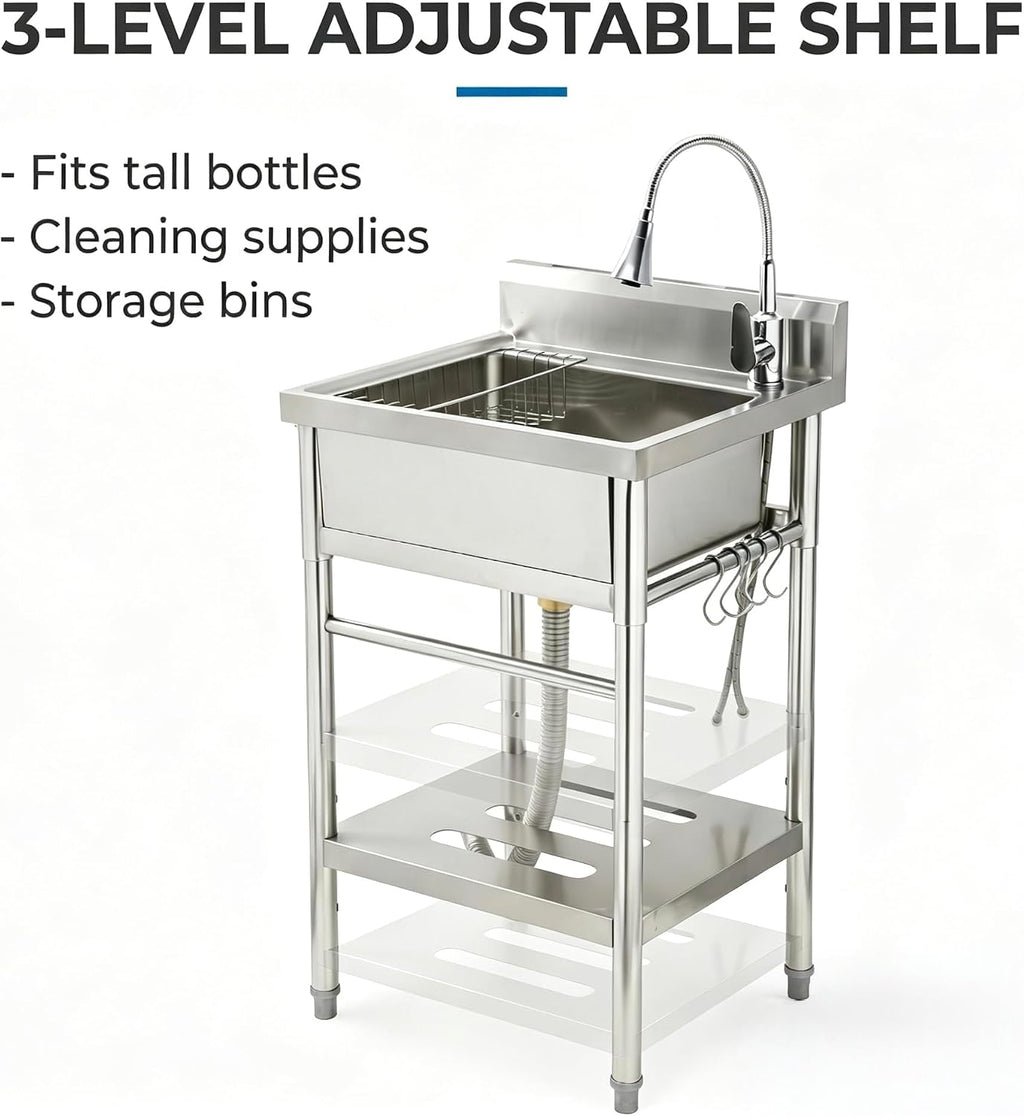 Stainless Steel Utility Sink, 22'' × 20'' × 39'' Freestanding Stainless Steel Single Bowl Laundry Sink with swivel