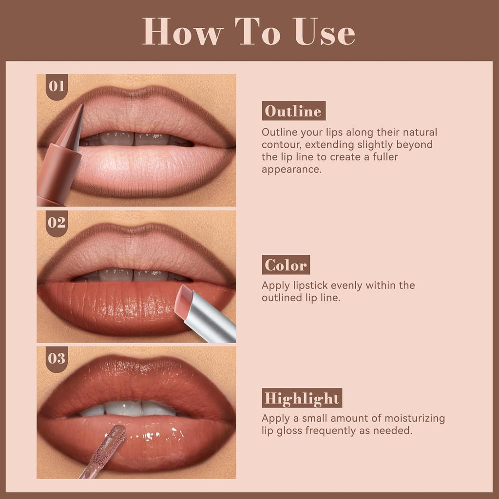 3 Pcs Juicy Nude Lip Kit - Brown Gradient Lip Liner & Nourishing Lipstick & Glossy Lip Gloss, Long-Lasting