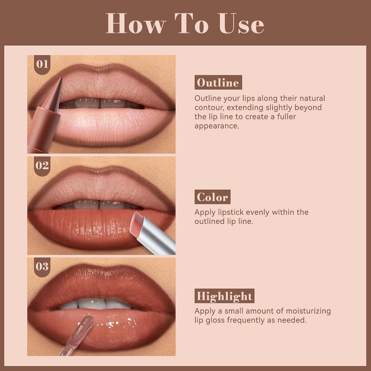 3 Pcs Juicy Nude Lip Kit - Brown Gradient Lip Liner & Nourishing Lipstick & Glossy Lip Gloss, Long-Lasting
