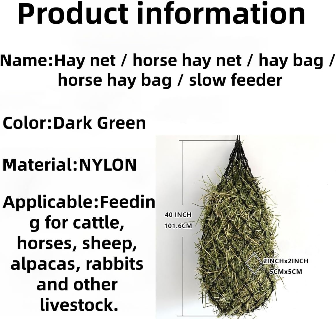 Slow Feed Hay Net 40 Inch for Horses, Cattle & Livestock – Small Hole (1.5"-2") Round Bale Feeder Bag, Reduces Waste