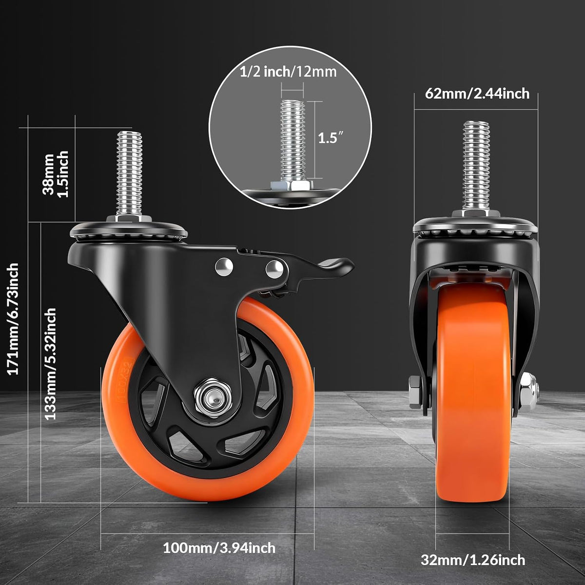 4 Inch Caster Wheels,Threaded Stem Casters Set of 4 Heavy Duty with Brake