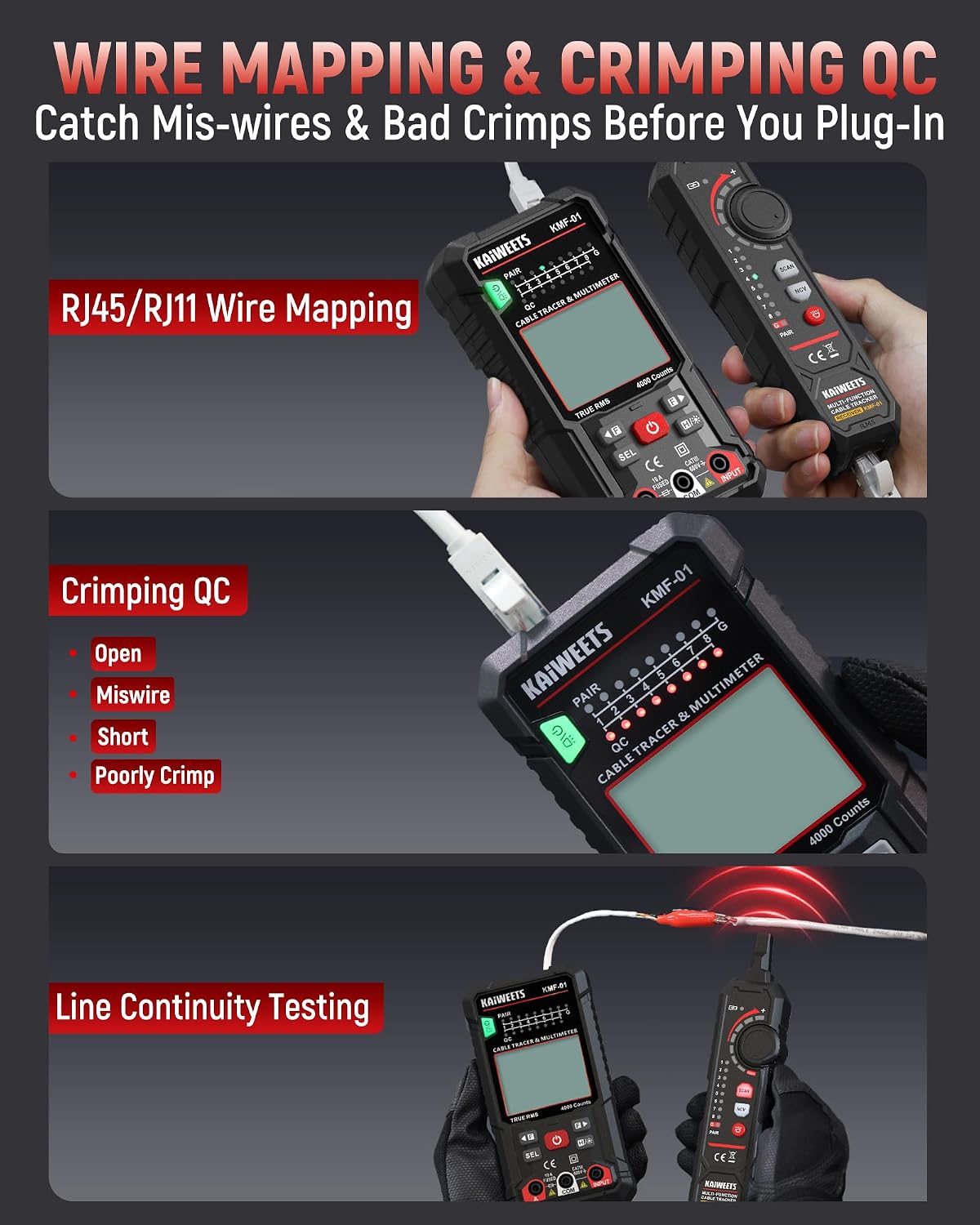 3-in-1 Multimeter & Cable Tracer Kit, Auto-Ranging Digital Multimeter with True RMS 4000 Counts, RJ45/RJ11 Wire