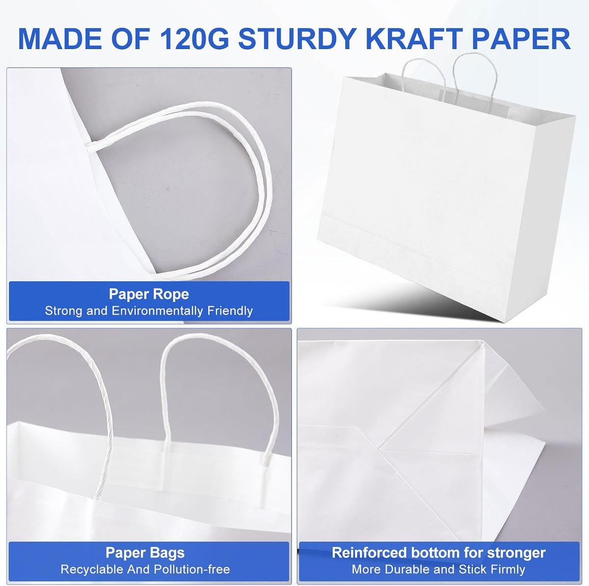 12 Pack 20 x 16 x 5 Inch Extra Large White Paper Bags with Handles