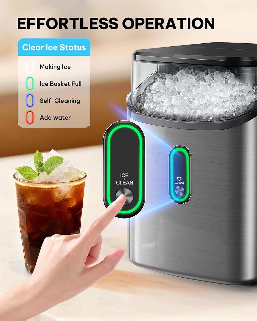Nugget Ice Maker Countertop, Pebble Ice Maker with Soft Chewable Ice, One-Click Operation Ice Machine with