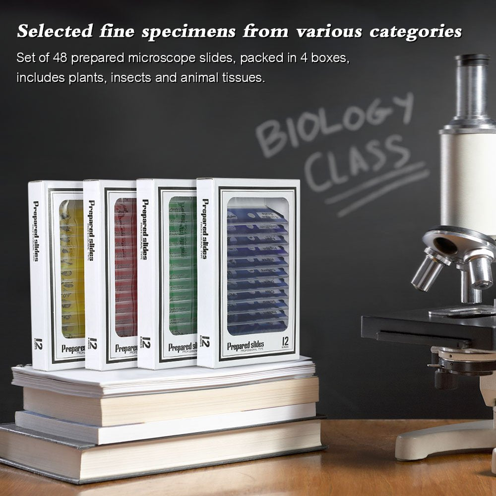 Prepared Microscope Slides, 48pcs Plastic Animals Insects Plants Flowers Sample Specimens